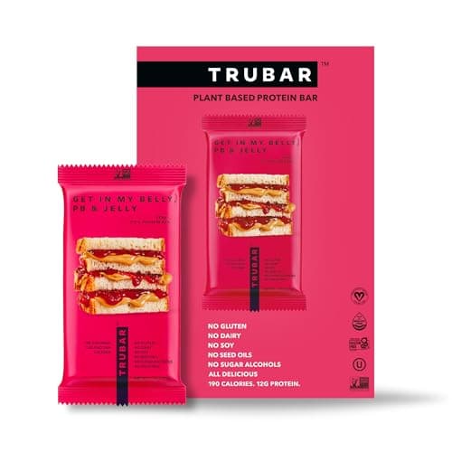 TRUBAR Vegan Protein Bar, Get In My Belly Pb & Jelly, Gluten Free, Plant Based, High Fiber, Dairy Free, Low Fat, Non GMO, No Sugar Alcohols, 12G Lean Protein, 13G Fiber, Healthy Snack Bars, 12 CT