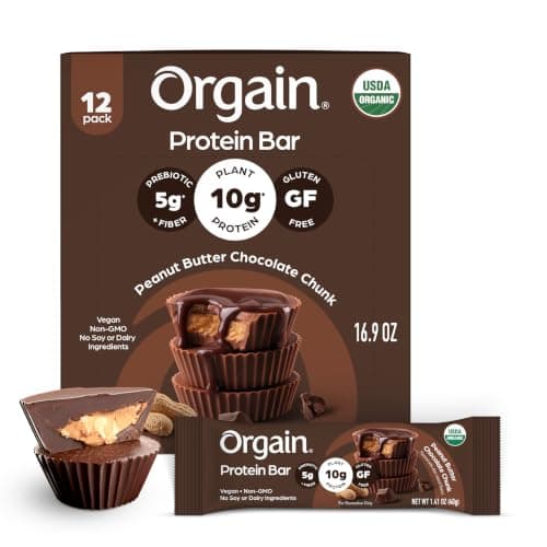 Orgain Organic Protein Bar, Peanut Butter Chocolate Chunk, Green, 40 g (Pack of 12)