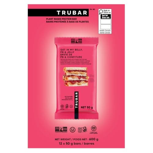 TRUBAR Vegan Protein Bar, Get In My Belly Pb & Jelly, Gluten Free, Plant Based, High Fiber, Dairy Free, Low Fat, Non GMO, No Sugar Alcohols, 12G Lean Protein, 13G Fiber, Healthy Snack Bars, 12 CT
