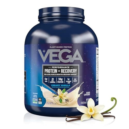 Vega Protein + Recovery, Vanilla – 30g Vegan Protein, Dairy & Gluten Free, Probiotics, NSF Certified, 65.6 oz (45 Servings)