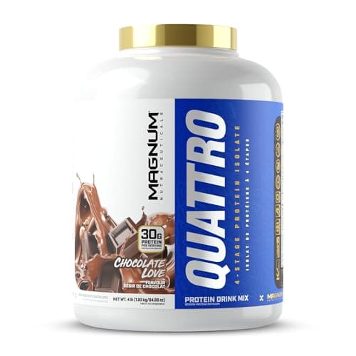 Magnum QUATTRO Whey Protein Powder | 30g Timed-Release Protein | 4-Isolate Blend — Whey Isolate, Hydrolyzed Whey, Micellar Casein, Milk Isolate | Low Carb, Low Fat, Gluten Free, Dye Free | 4LB (Chocolate Love)