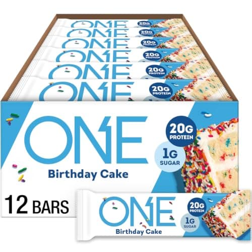 ONE Protein Bars, Birthday Cake, Gluten Free Protein Bars with 20g Protein and only 1g Sugar, Snacking for High in Protein Diets, 60g (12 Count) [Packaging May Vary]