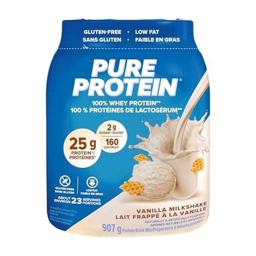Pure Protein Whey Powder - High Protein (25 g/scoop), Low Sugar (2 g/scoop), Gluten Free - Fast-Acting Formula, Vanilla, 907g
