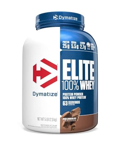 Dymatize Elite 100% Whey Protein Powder, 25g Protein, 5.5g BCAAs & 2.7 L-Leucine, Quick Absorbing & Fast Digesting for Optimal Muscle Recovery, Rich Chocolate, 5 Pound (63 Servings)