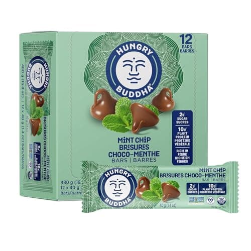 HUNGRY BUDDHA Plant-Based Protein Bars, Low Sugar, High Protein Energy Snack, Dairy-Free & Peanut-Free, Pack of 12, Mint Chip