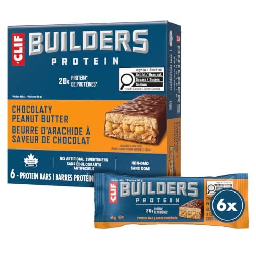 CLIF BUILDERS Protein Bars, Chocolate Peanut Butter Flavour, 20g of Protein, Prepared in Canada, Gluten Free, No Artificial Sweeteners, 68 g (Pack of 6)
