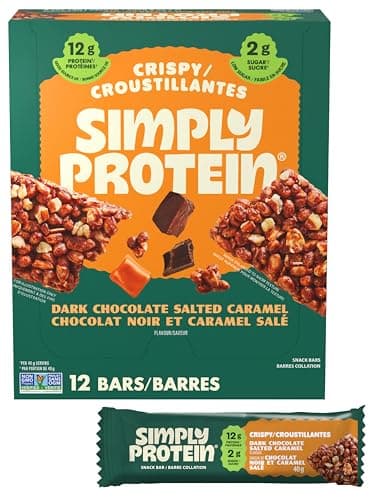 Simply Protein - Dark Chocolate Salted Caramel Crispy Bars - Plant Based Protein Bars - Low Carb, Low Sugar, High Fibre - 12g Protein, 2g Sugar, 7g Fibre - Vegan, Gluten Free, Non GMO, Kosher, 12 Bars