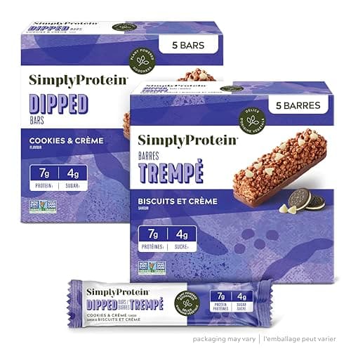 Simply Protein - Cookies & Crème Dipped Bars, 5 Bars - Plant Based Protein Snack Bars, Snacks for Kids - 7g Protein, 4g Sugar, 100 Calories - Vegan, Gluten Free, Non GMO, Kosher - 1 Box