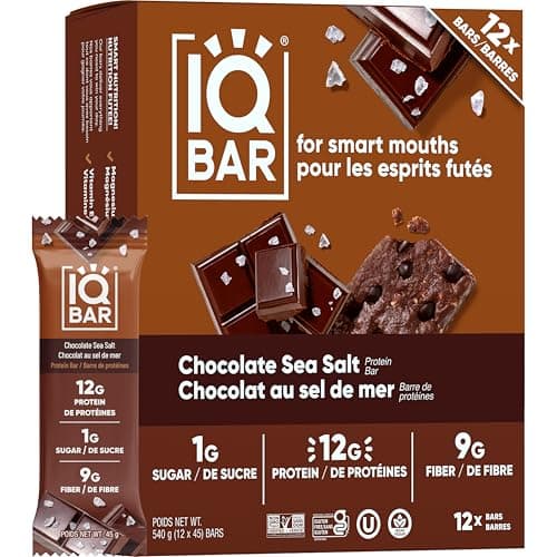 IQBAR Brain and Body Plant Protein Bars - Chocolate Sea Salt - 12-Count Low Carb - Gluten Free, High Fiber, Vegan Snacks - Low Sugar Meal Replacement