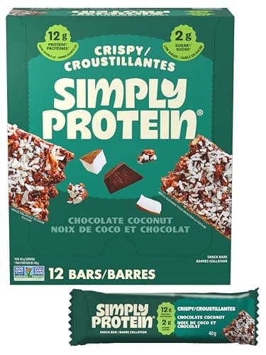Simply Protein - Chocolate Coconut Crispy Bars - Plant Based Protein Bars - Low Carb, Low Sugar, High Fibre - 12g Protein, 2g Sugar, 7g Fibre - Vegan, Gluten Free, Non GMO, Kosher - 12 Bars