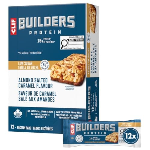 Clif Builders Low Sugar Protein Bars, Almond Salted Caramel Flavour 12 Bars